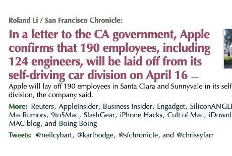 苹果无人驾驶业务收缩,拿 124 个工程师祭天!